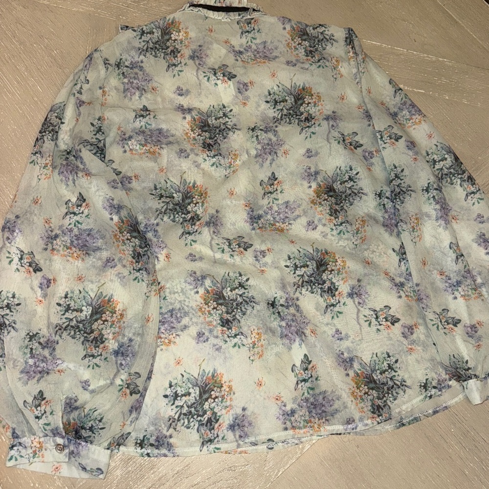 Mint floral Puff Sleeve Ruffled Blouse with Black accents pastel goth mock neck - Picture 10 of 11